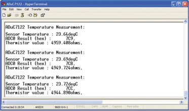 Figure 4: Output of HyperTerminal communication port viewing application.